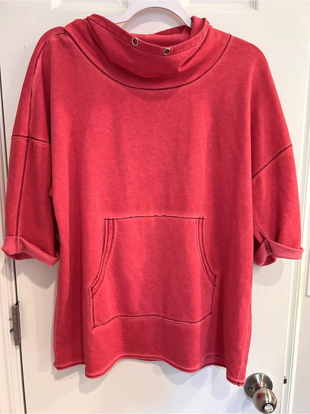 Sundance Coral-Pink Pullover Short Sleeved Cowl Neck Sweatshirt Hoodie Pocket